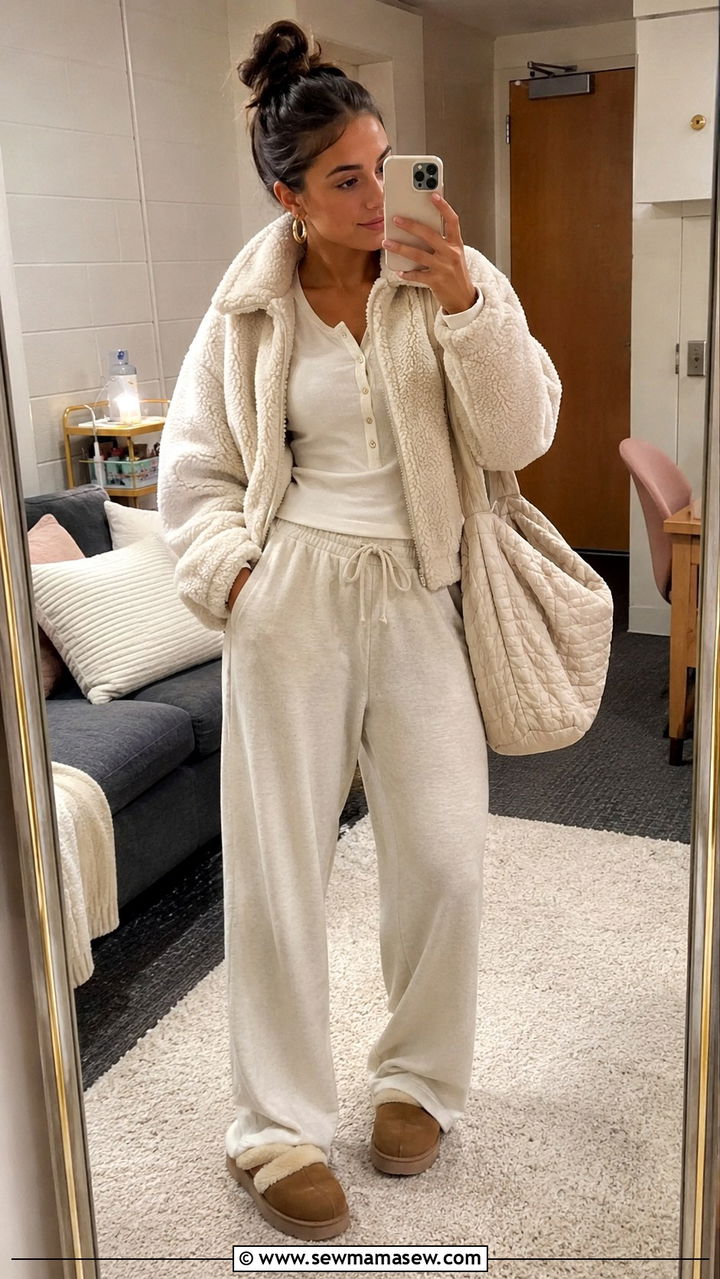 Cozy Teddy Jacket and Wide Leg Sweatpants - 30 casual back to school outfits