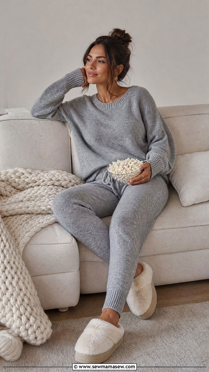 Cozy Two Piece Knit Set with Slippers - 30 Cozy movie night outfit ideas