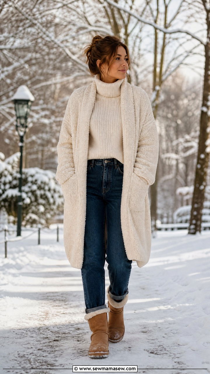 Cozy cardigan with mom jeans and shearling lined boots - 30 Mom jeans outfit ideas with a cardigan