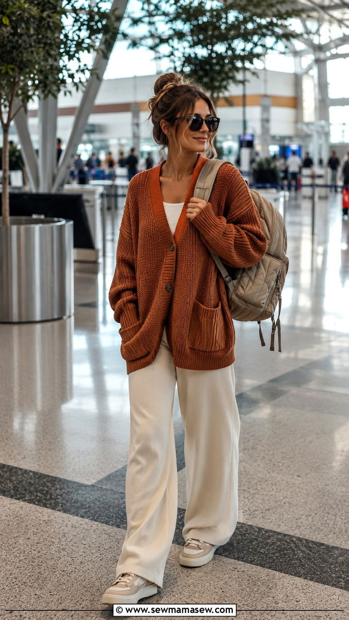 Cozy cardigan with wide leg trousers - 25 Airport outfit ideas for international travel