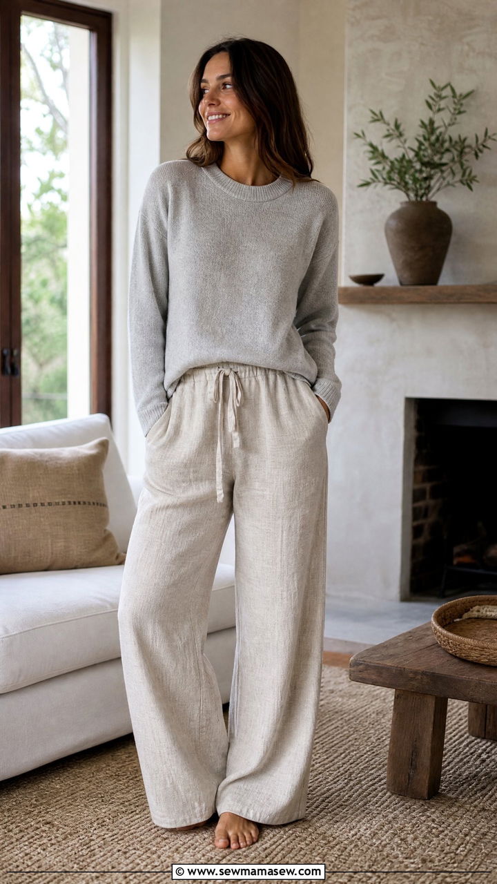 Cozy crewneck and drawstring linen pants outfit - 35 Loungewear outfit ideas for work from home
