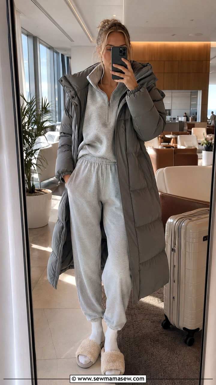 Cozy fleece set for cold flights - 25 Travel outfit ideas for tall women