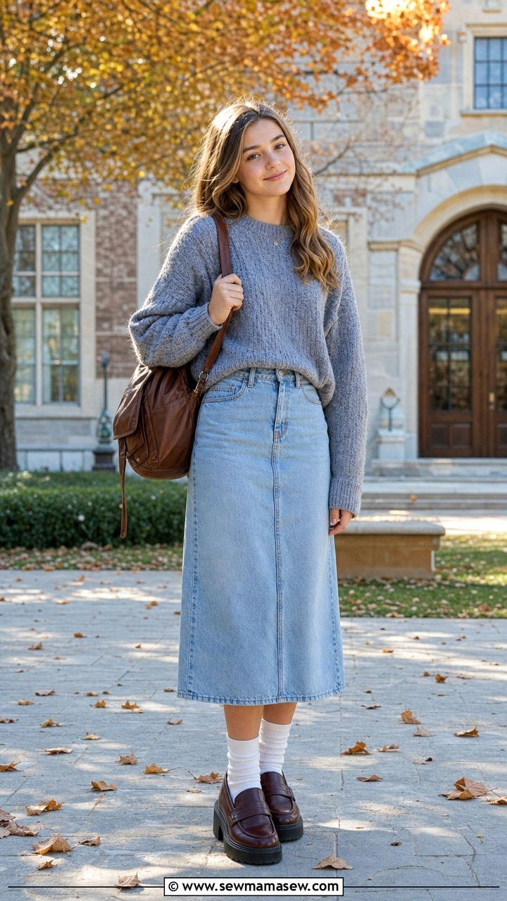 Cozy gray sweater with denim midi skirt outfit - 35 Back to school outfits for teens