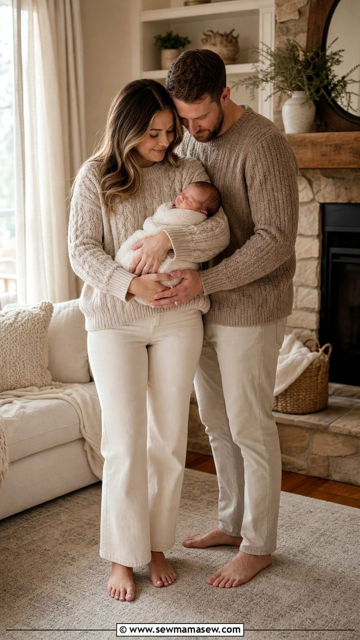 Cozy knit sweater family photo outfit with newborn - 25 Family photo outfit ideas with newborn