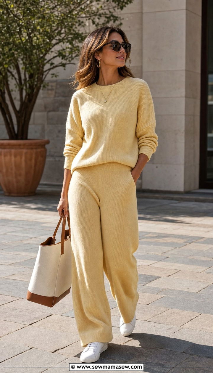 Cozy neutral knit set with sneakers outfit - 25 spring outfits 2026 women Pinterest