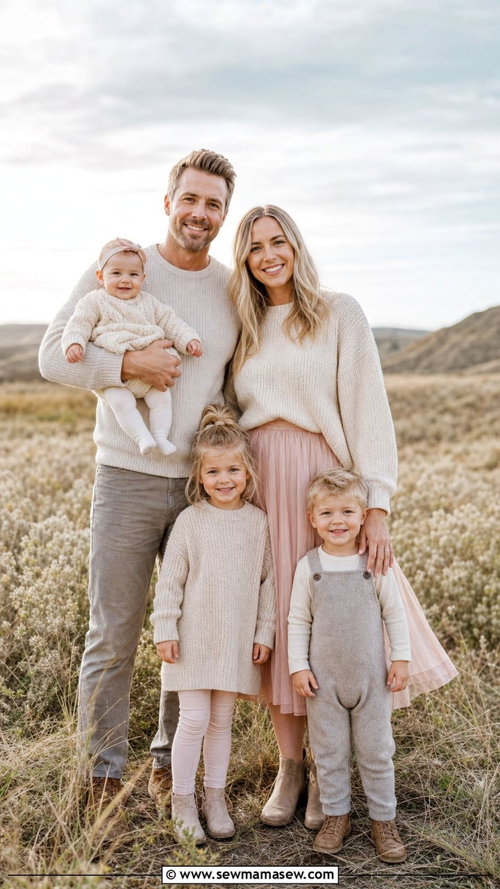 Cozy neutral spring family photo outfit - 25 family photo outfits 2026