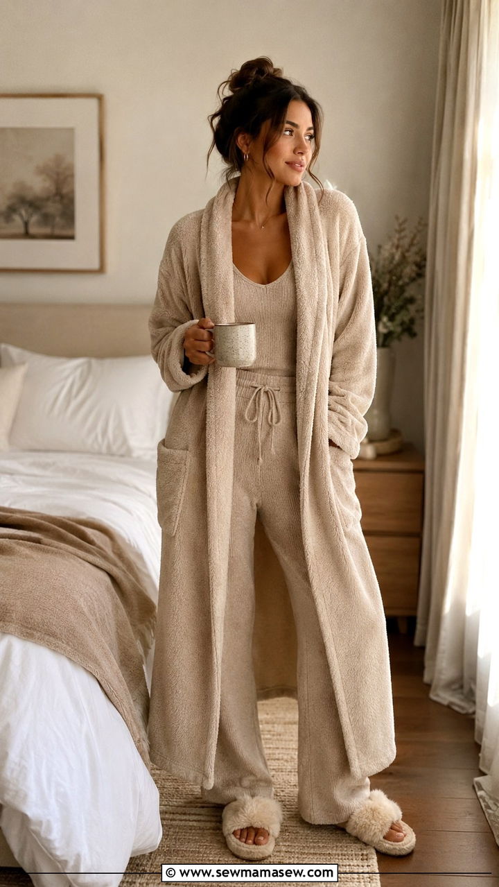 Cozy robe layered over a lounge set - 30 Loungewear outfit ideas for weekend