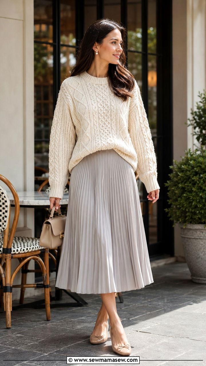 Cream Aran sweater with a pleated midi skirt - 25 Old money outfit ideas with Aran sweater