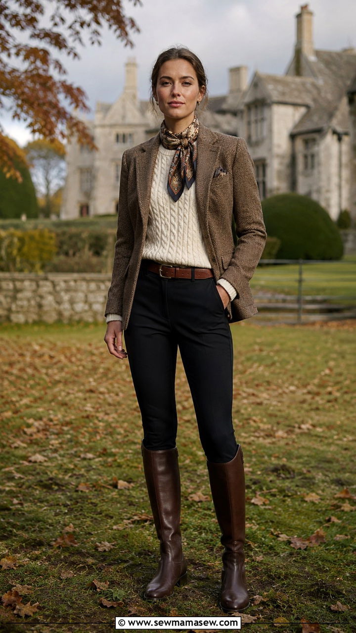 Cream Aran sweater with a tweed blazer and riding boots - 25 Old money outfit ideas with Aran sweater