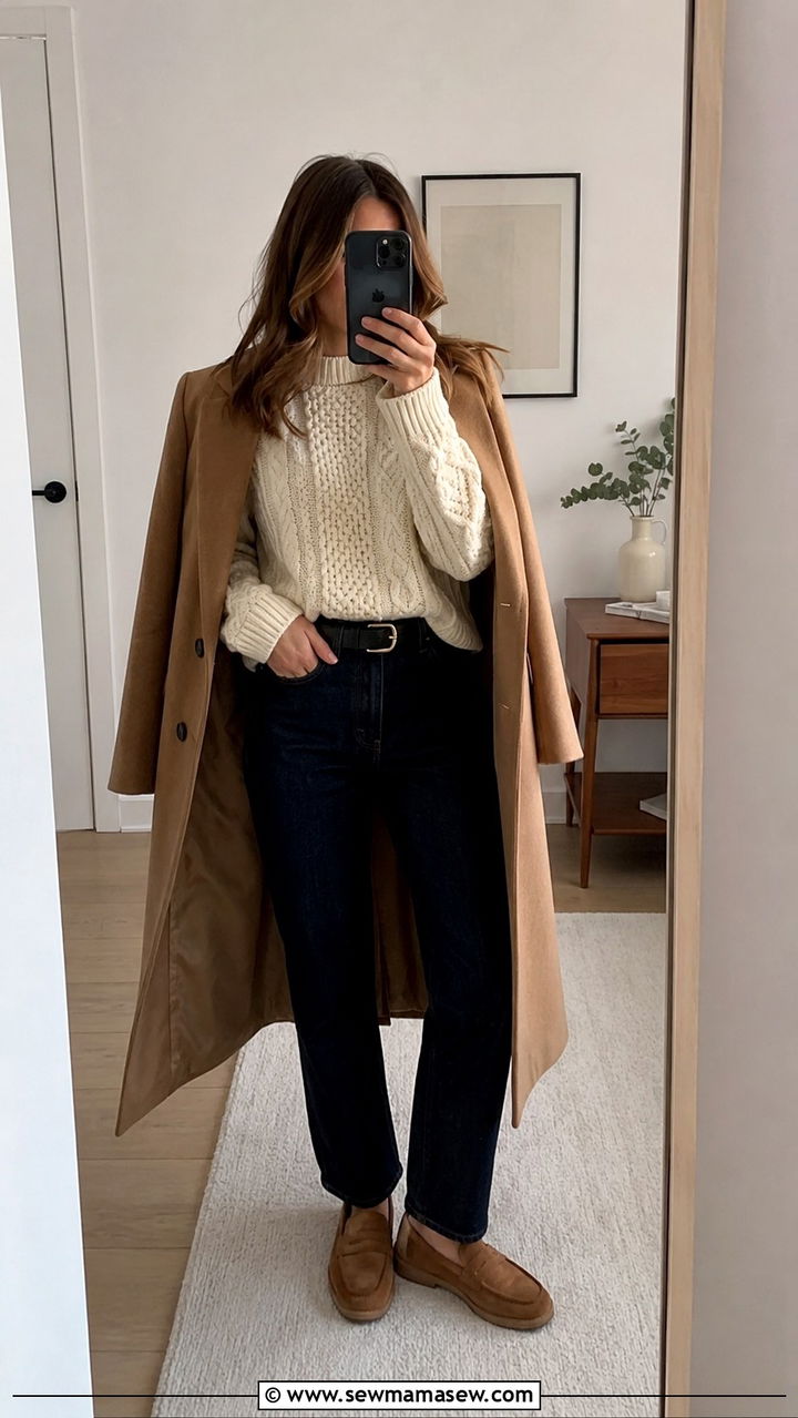 Cream Aran sweater with dark denim and suede loafers - 25 Old money outfit ideas with Aran sweater