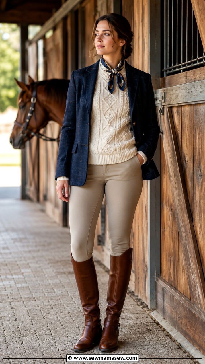 Cream Aran sweater with equestrian riding pants - 25 Old money outfit ideas with Aran sweater