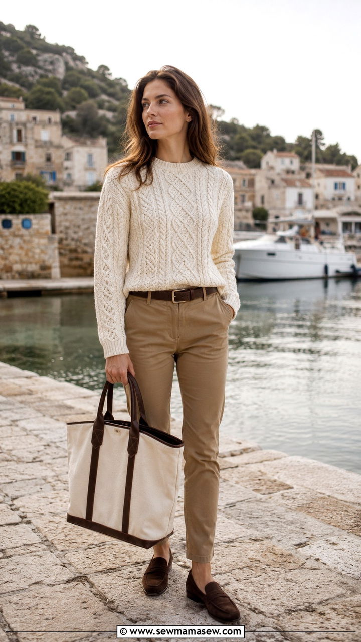 Cream Aran sweater with khaki chinos - 25 Old money outfit ideas with Aran sweater