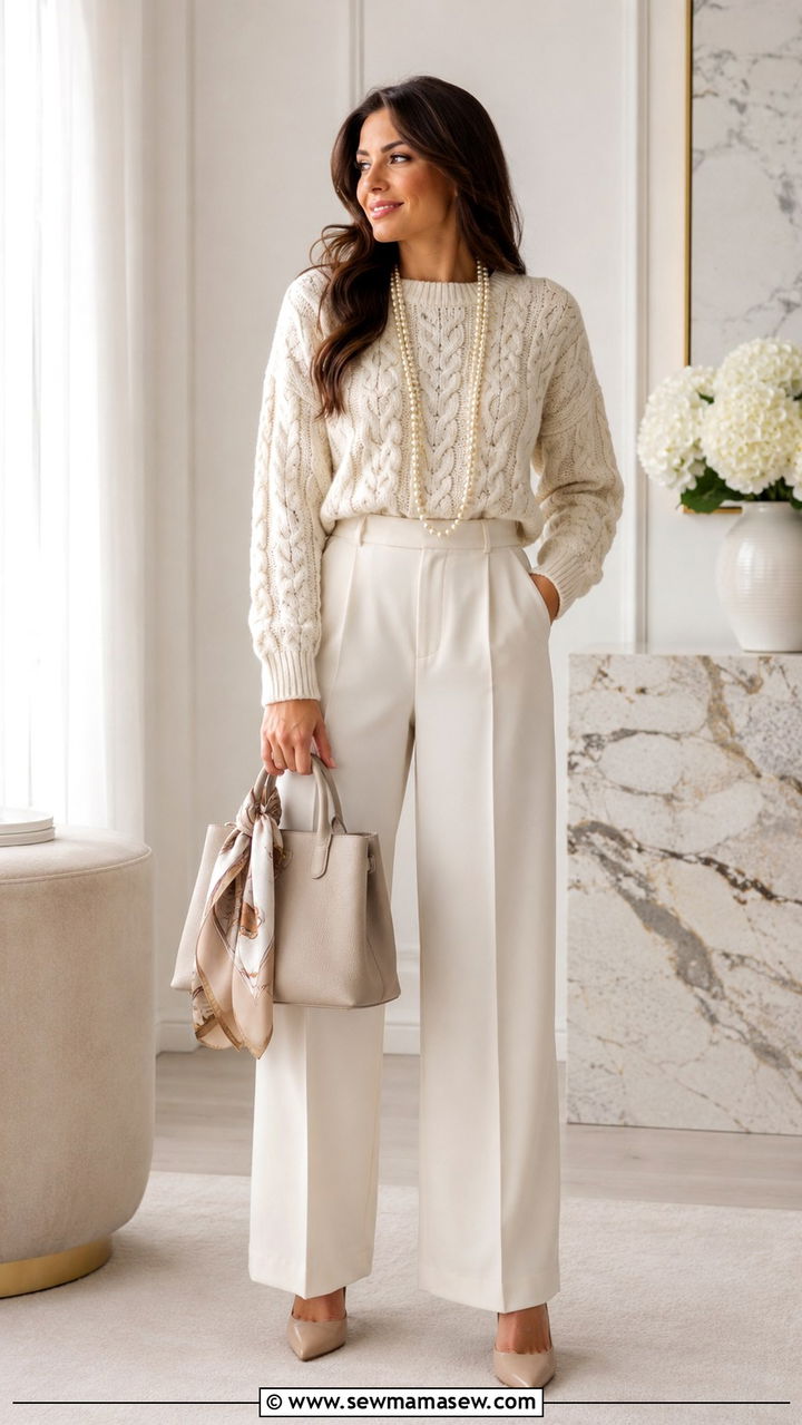 Cream Aran sweater with pearl accessories - 25 Old money outfit ideas with Aran sweater
