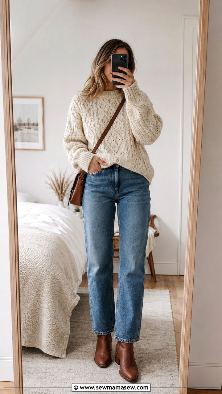 Cream Aran sweater with straight leg jeans - 25 Old money outfit ideas with Aran sweater
