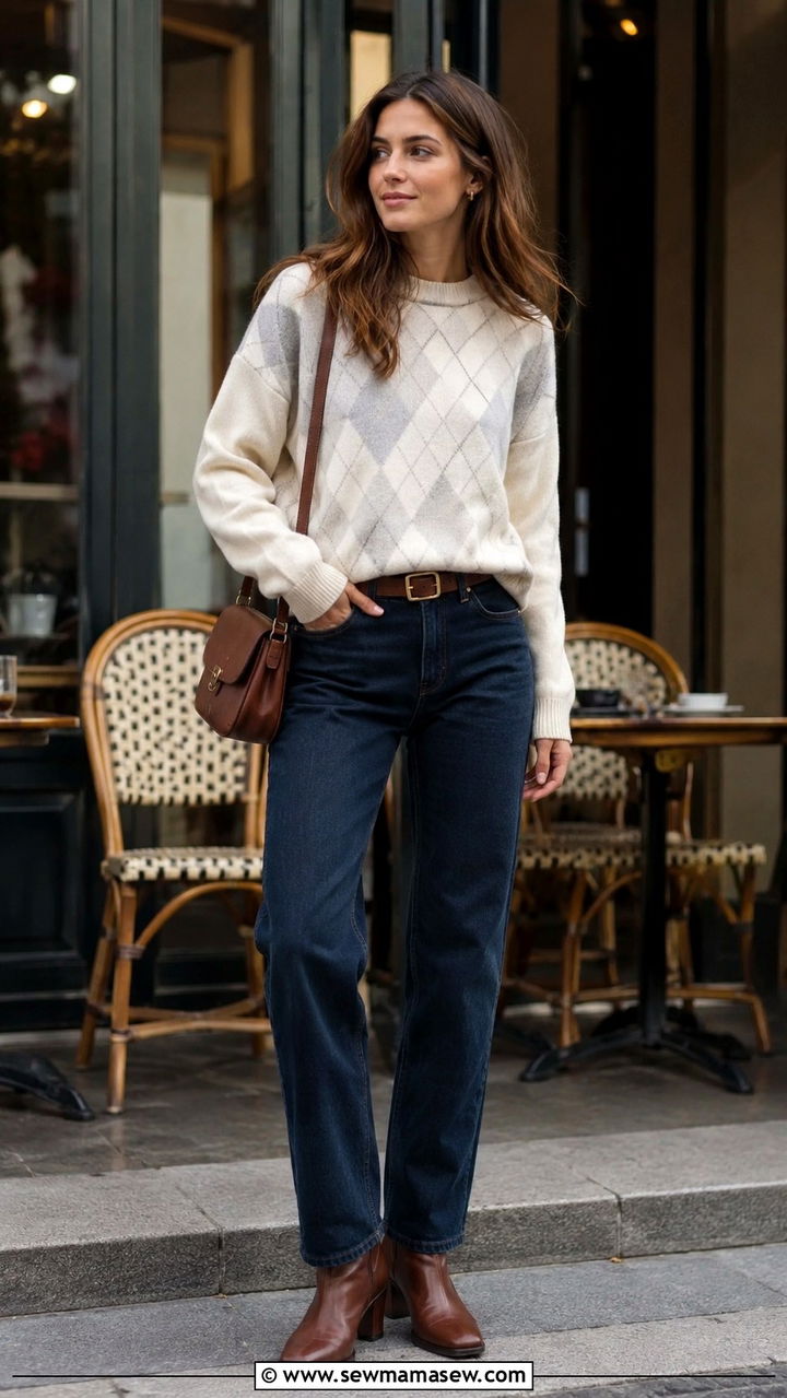 Cream Argyle Sweater with Dark Wash Straight Leg Jeans - 25 Old money outfit ideas with argyle sweater