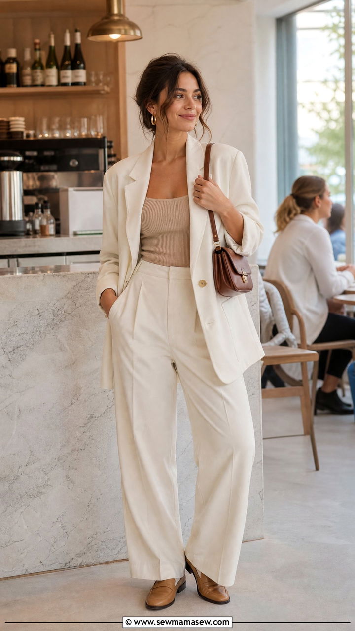 Cream Baggy Suit With Beige Tank - 30 glamoratti outfits