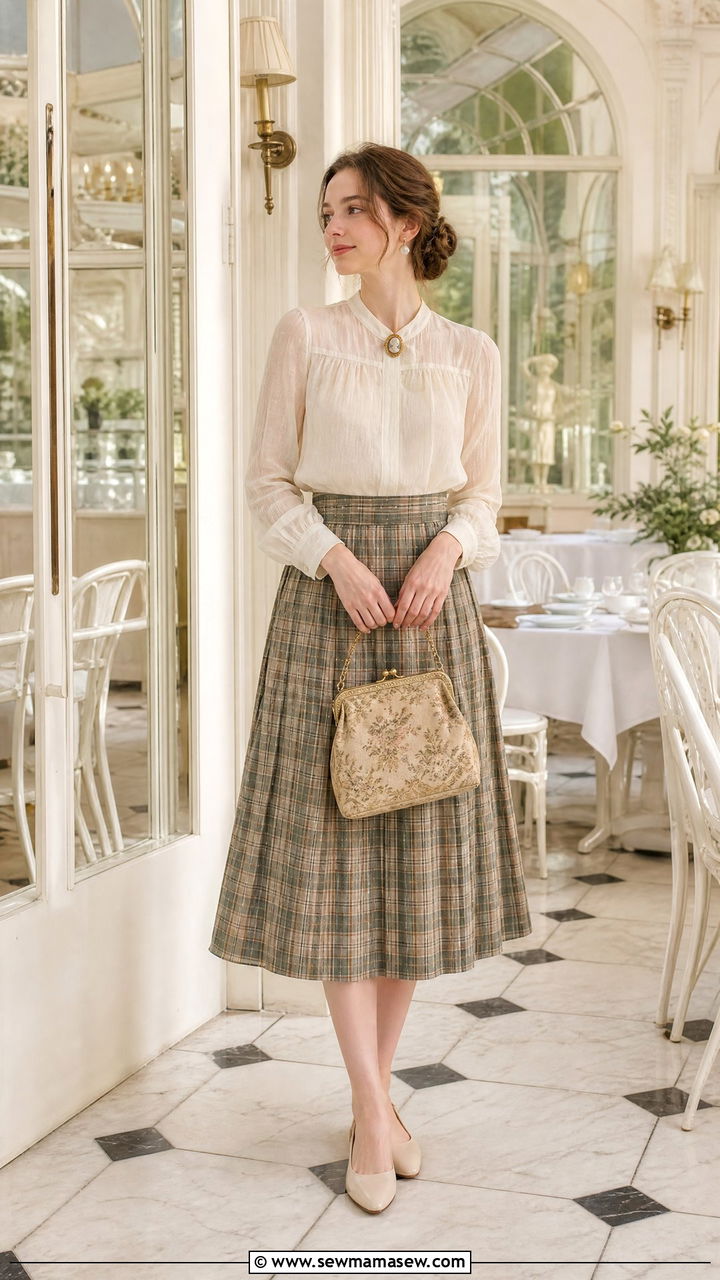 Cream Batiste Blouse With Tartan Midi Skirt and Low Heeled Slingbacks - 30 summer light academia outfits