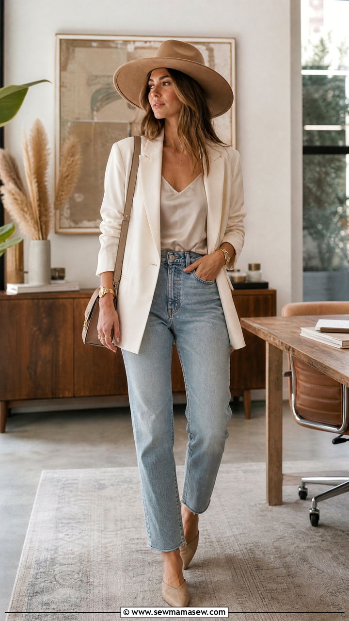 Cream Blazer And Straight Leg Jeans With Fedora Hat - 25 Boho outfit ideas with wide brim hat