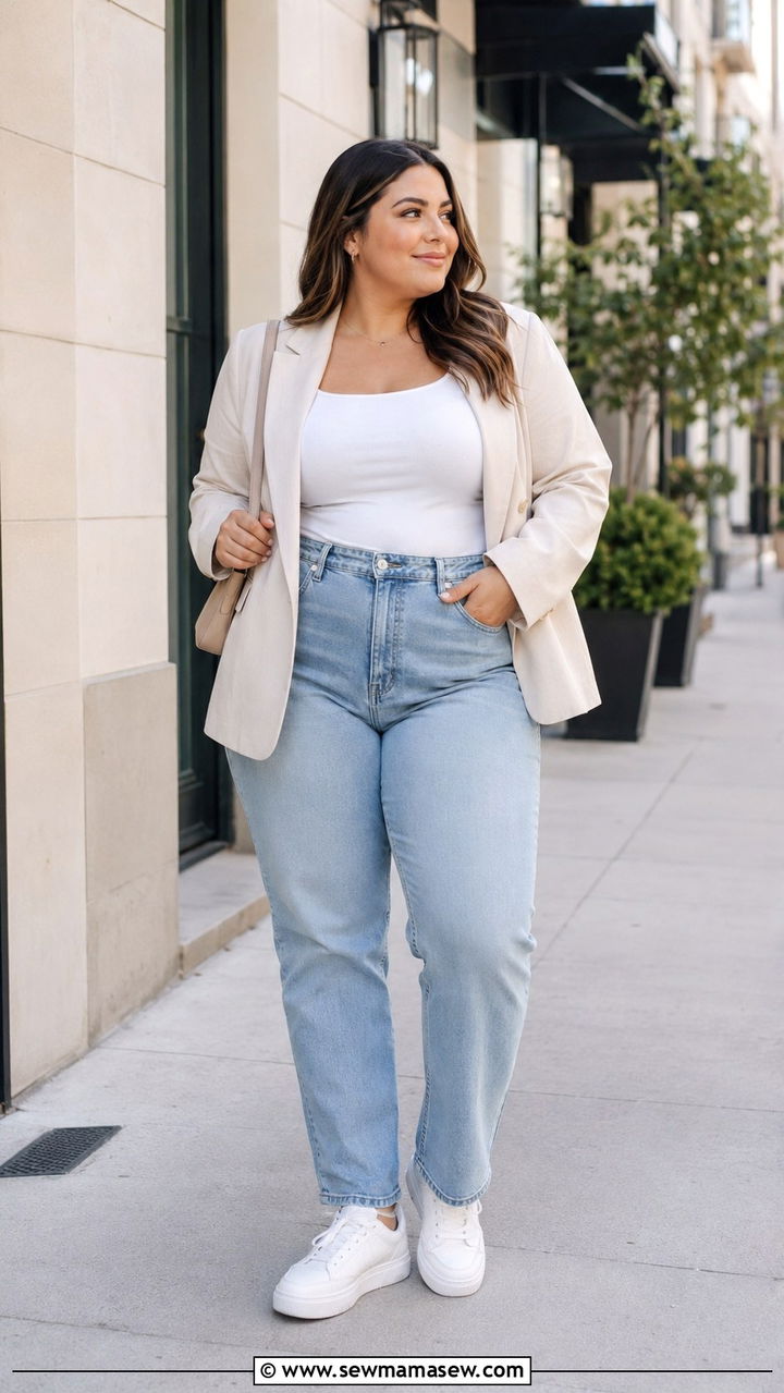 Cream Blazer Over White Tank and Light Wash Straight Jeans - 25 Plus size outfit ideas clean girl