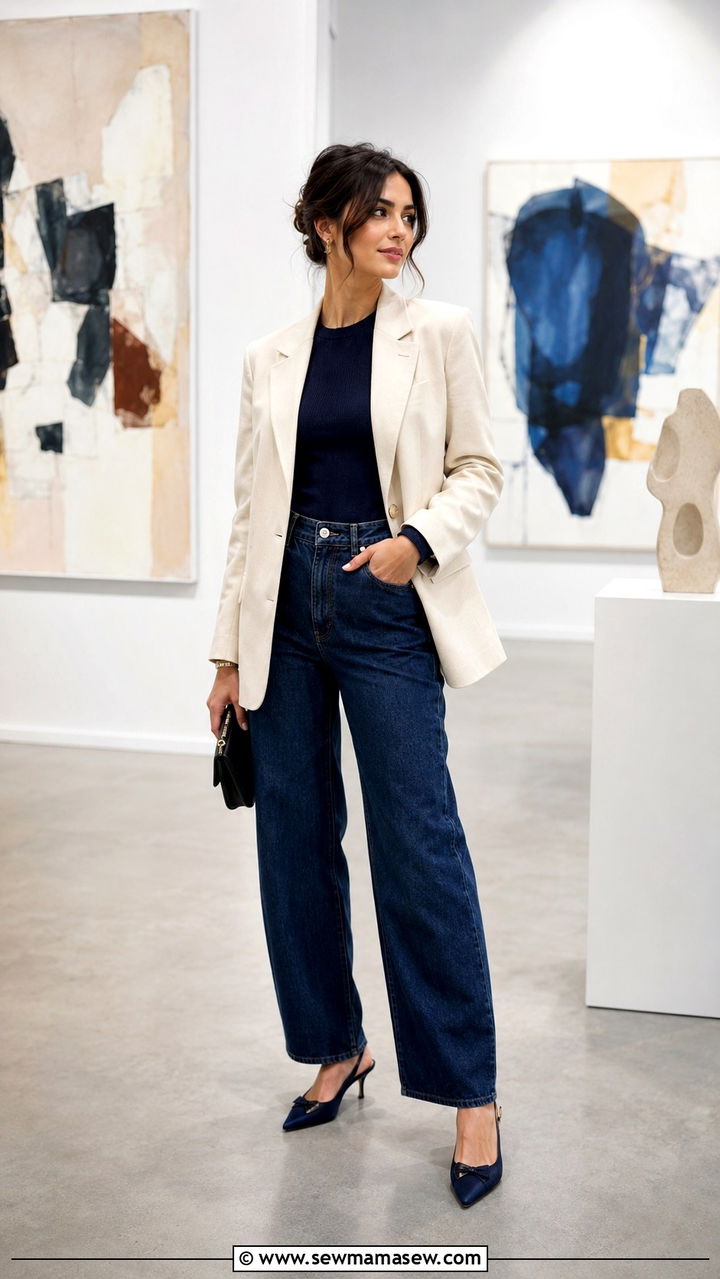 Cream Blazer With Barrel Leg Jeans And Kitten Heel Slingbacks - 30 Tailored blazer outfit ideas with jeans