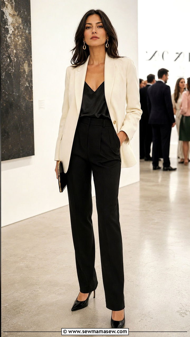 Cream Blazer With Black Trousers And Gold Drop Earrings - 25 Old money outfit ideas with gold jewelry