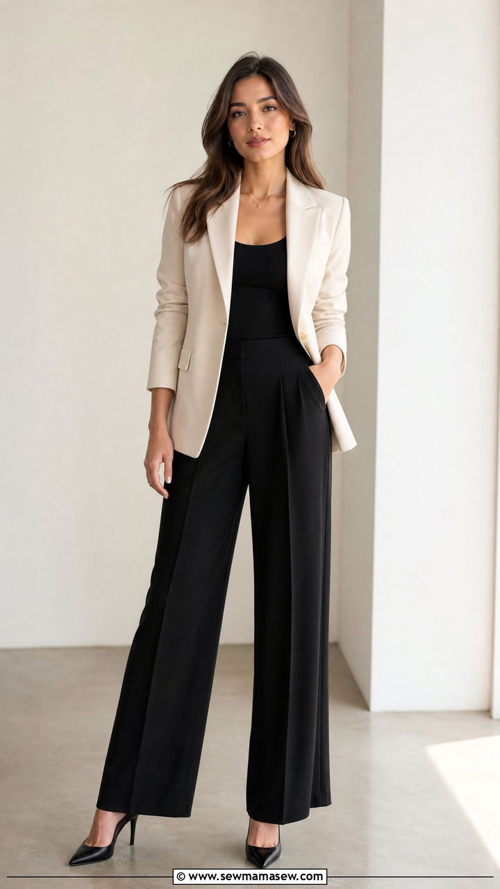 Cream Blazer With Black Wide Leg Trousers - 30 Cream and black outfit ideas