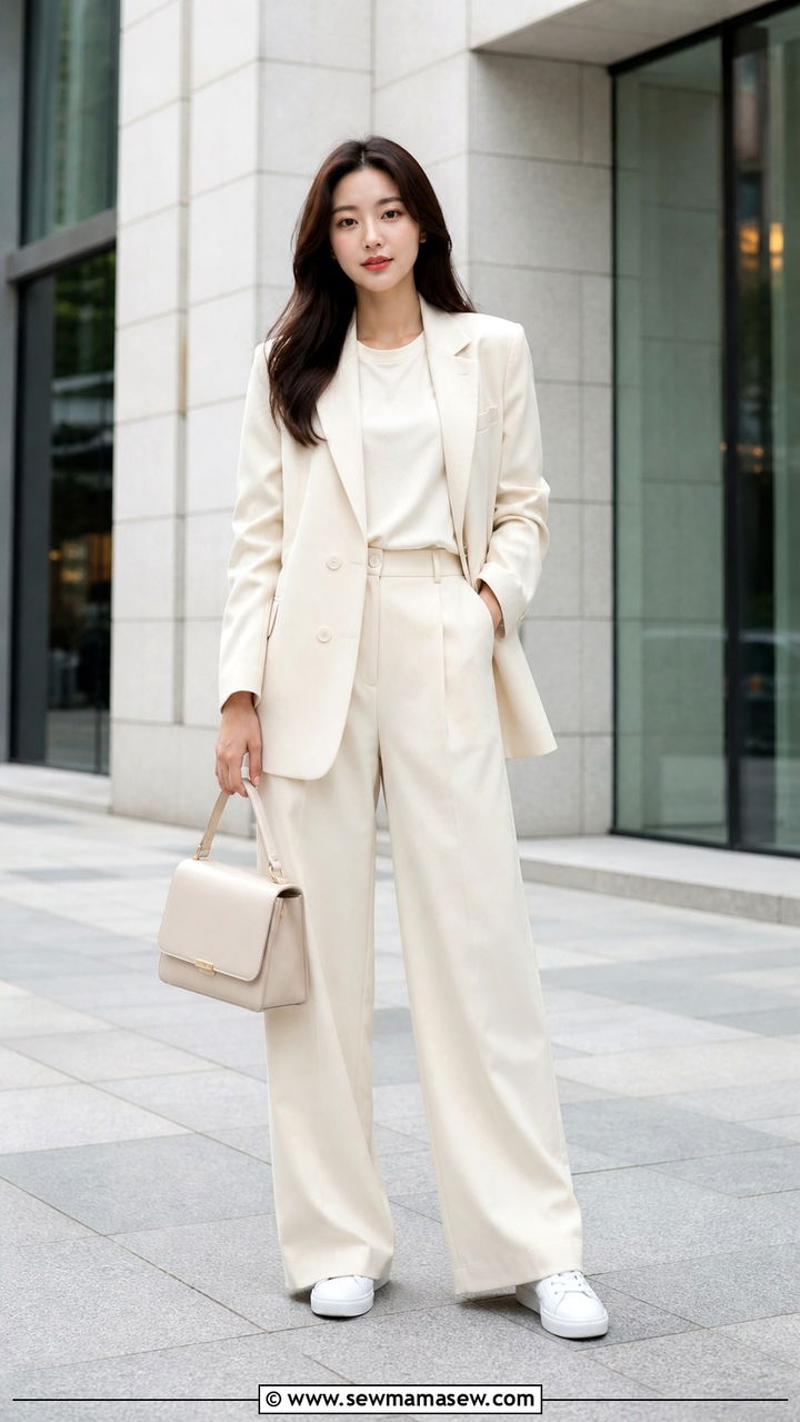 Cream Blazer With Cream Tee and Trousers - 40 Korean outfit ideas