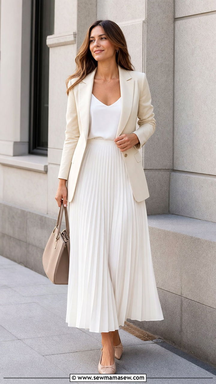 Cream Blazer with Pleated White Maxi Skirt - 25 cute modest classy outfits