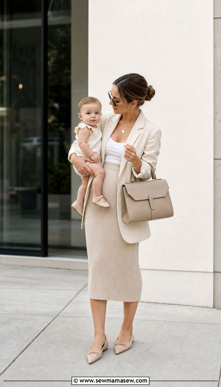 Cream Blazer with Ribbed Midi Skirt - 25 classy outfits for new moms