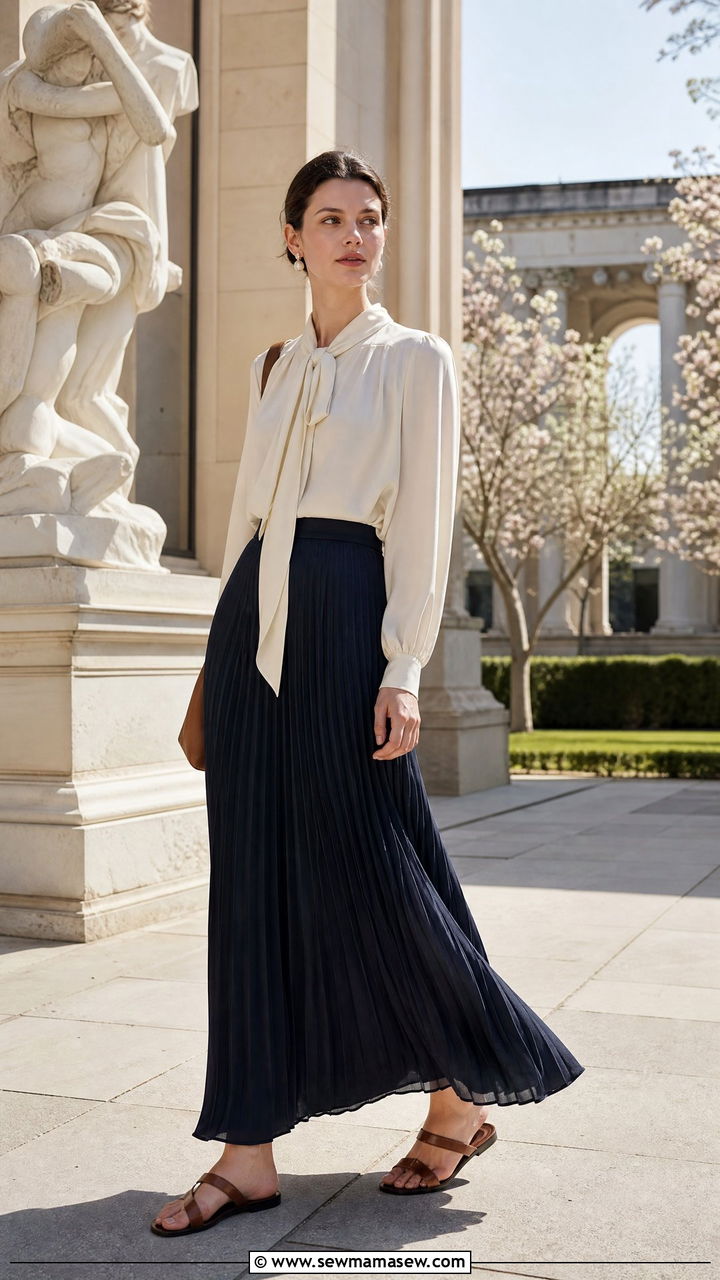 Cream Blouse With Dark Pleated Maxi Skirt Outfit - 30 Dark academia spring outfits