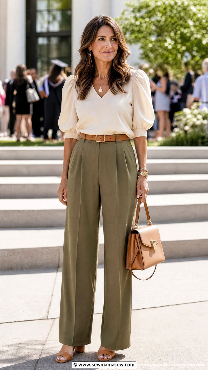 Cream Blouse With Olive Wide Leg Trousers - 35 Graduation outfits for moms