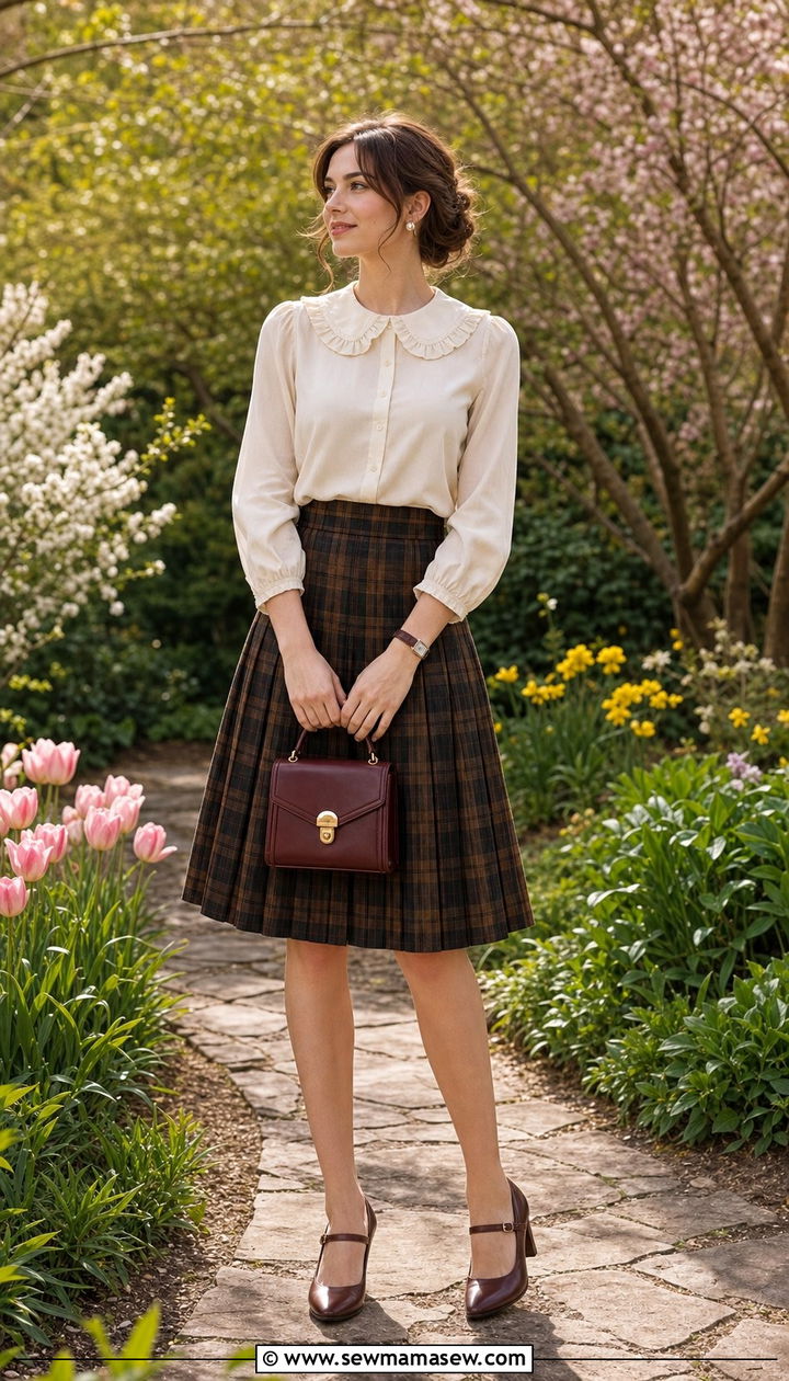 Cream Blouse and High Waisted Plaid Skirt - 25 spring dark academia outfits