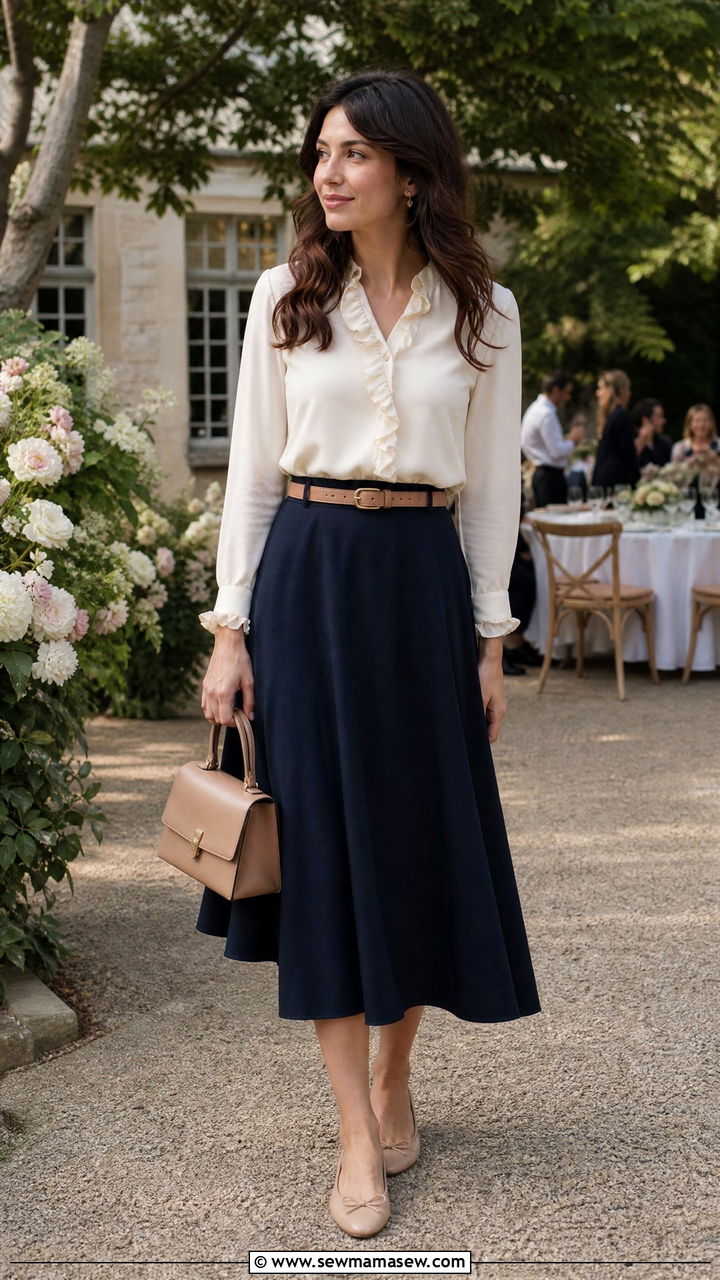 Cream Blouse and Navy Midi Skirt - 30 french girl capsule wardrobe outfits