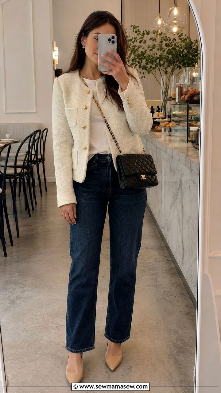 Cream Boucle Blazer Dark Jeans Outfit - 30 classy blazer outfits