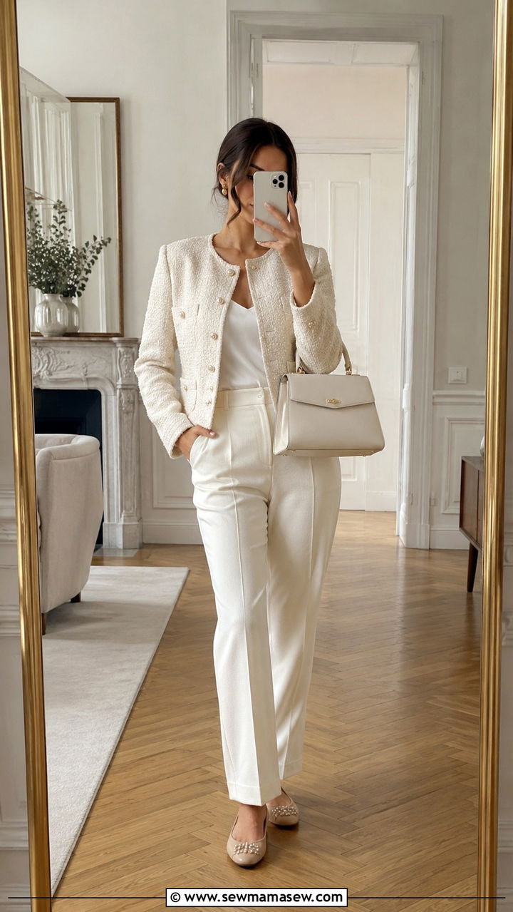 Cream Boucle Jacket With Ivory Trousers And Pearl Embellished Flats - 30 Parisian work outfits