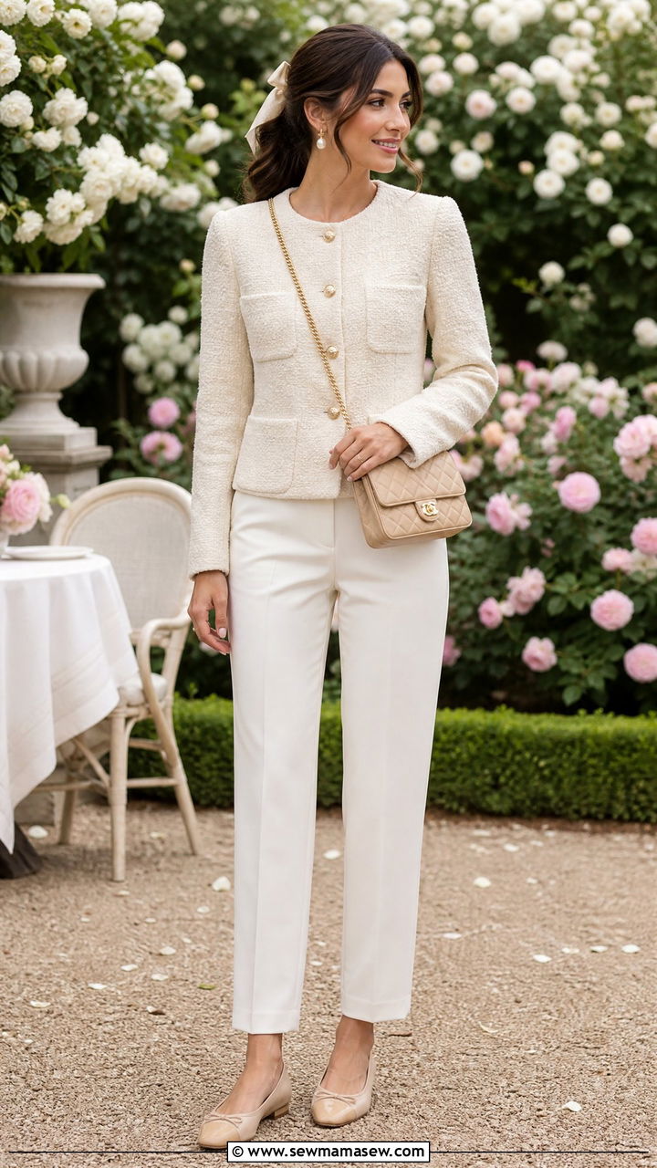 Cream Boucle Jacket with Ivory Trousers - 30 elegant outfit ideas for women