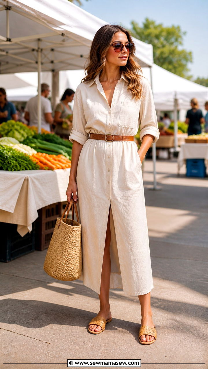 Cream Button Down Shirt Dress with Sandals - 40 Cream outfit ideas