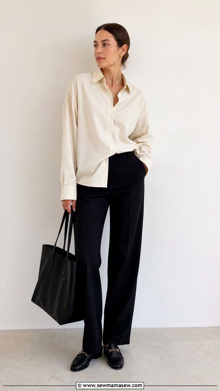 Cream Button Down Shirt With Black Tailored Pants - 30 Cream and black outfit ideas