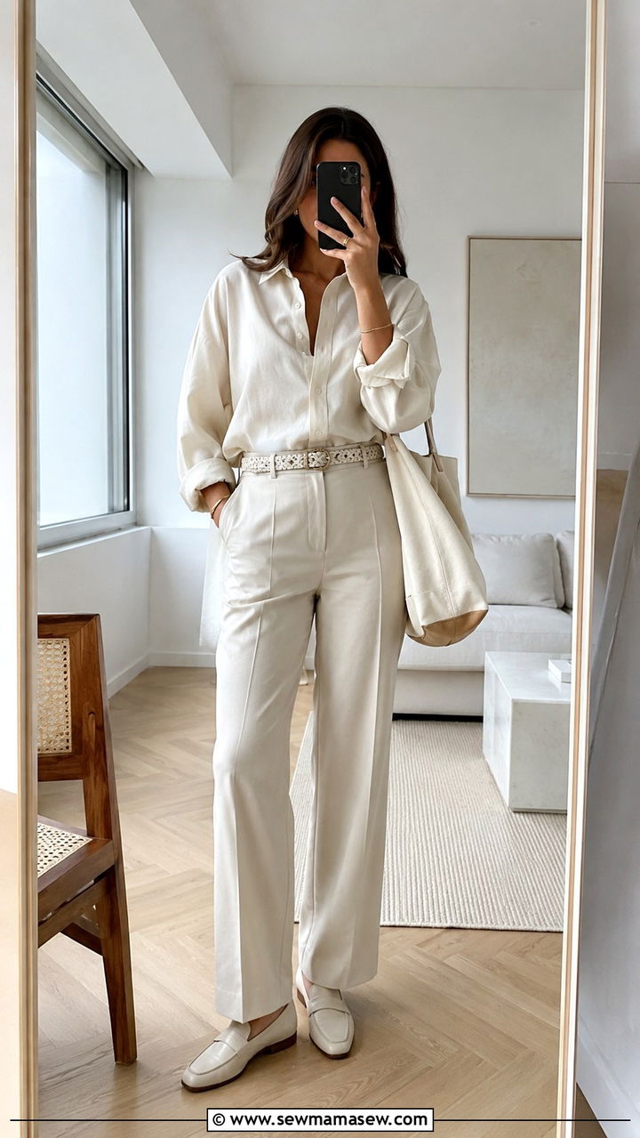 Cream Button Down Shirt With Relaxed Trousers - 30 Monochromatic cream outfits