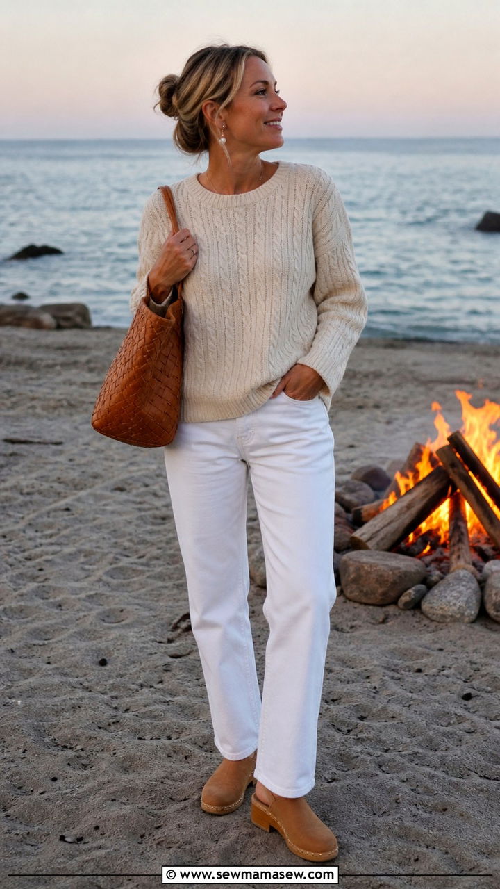 Cream Cable Knit And White Jeans - 40 summer coastal grandmother outfits