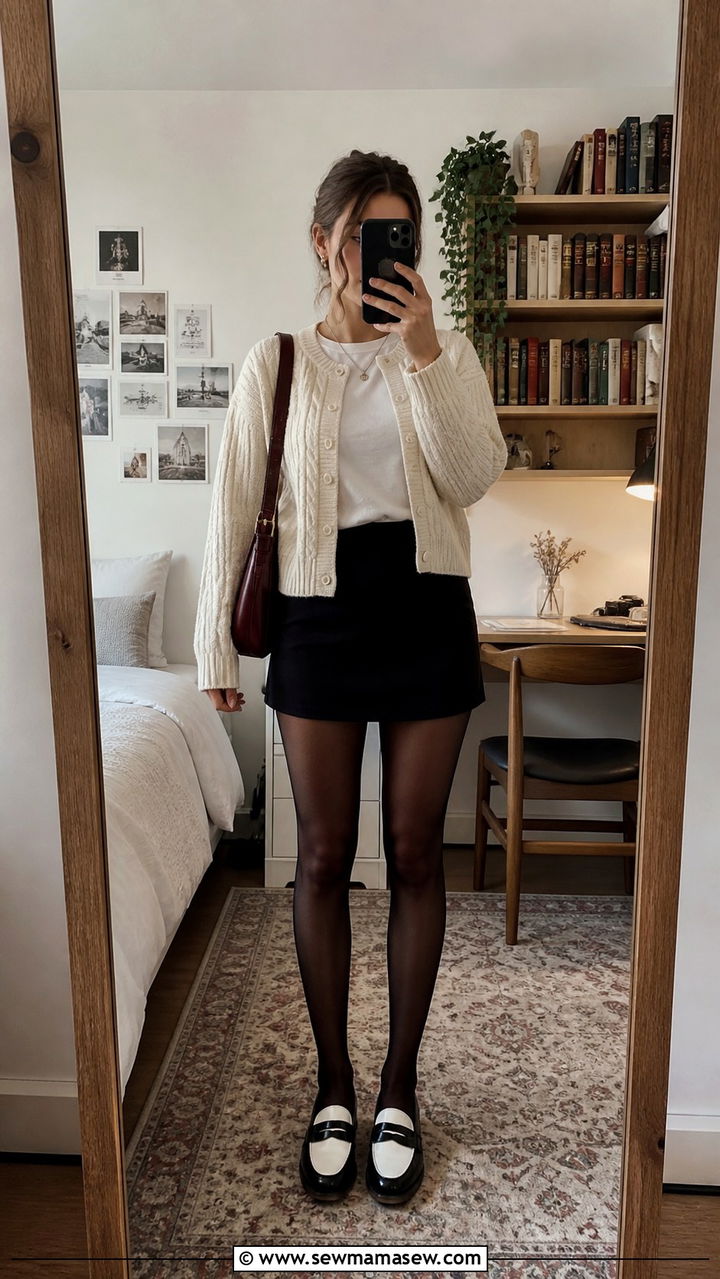 Cream Cable Knit Cardigan And White Tee - 40 light academia outfits ideas