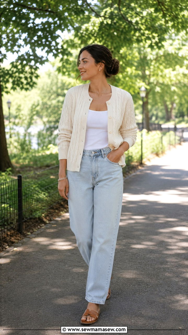 Cream Cable Knit Cardigan With Relaxed Jeans - 20 Quiet luxury outfit ideas Celine Old style