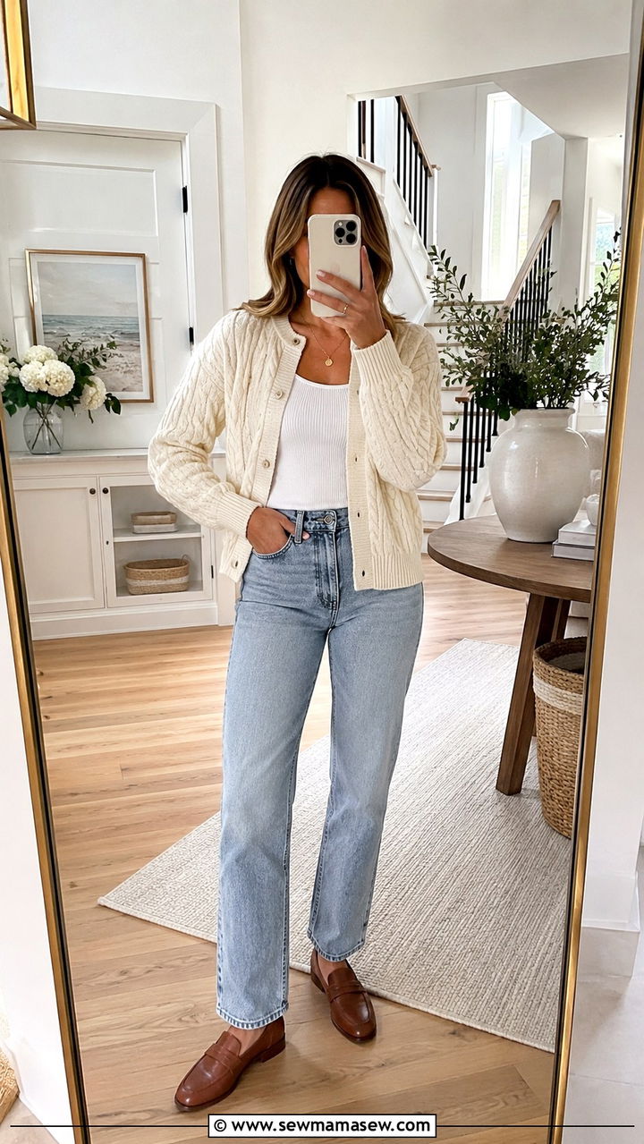 Cream Cable Knit Cardigan With White Tank And Light Blue Jeans - 20 Spring coastal grandmother outfits 2026