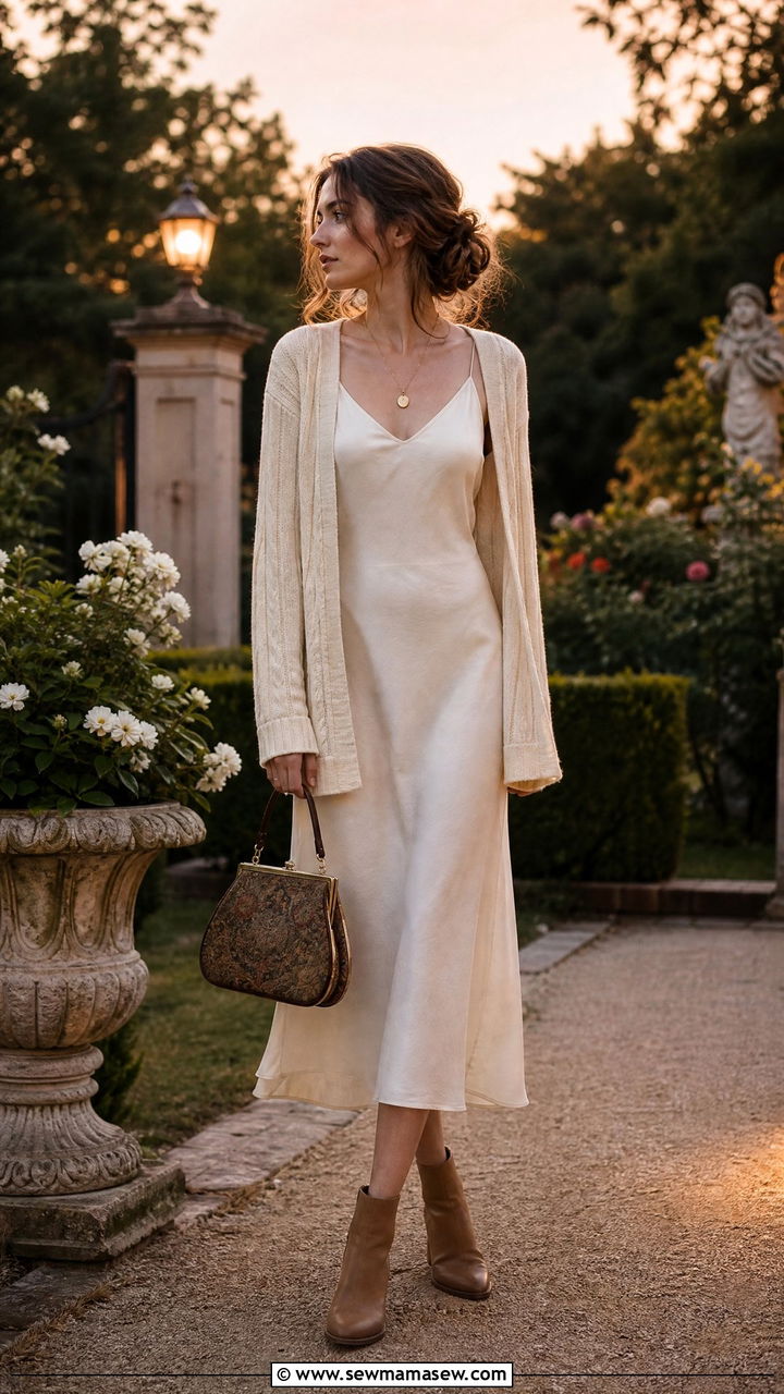 Cream Cable Knit Cotton Sweater Over Ivory Slip Dress and Tan Ankle Boots - 30 summer light academia outfits