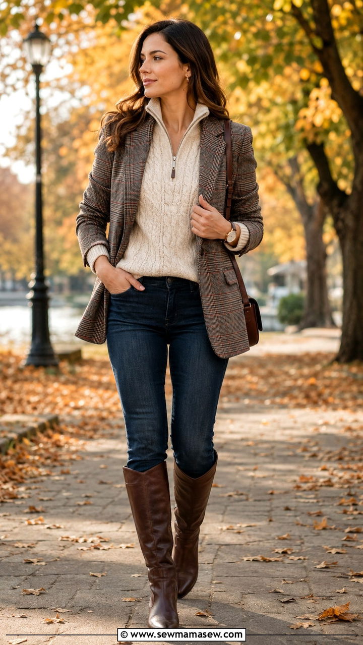 Cream Cable Knit Half Zip with Plaid Blazer and Jeans - 25 Old money outfit ideas with cable knit