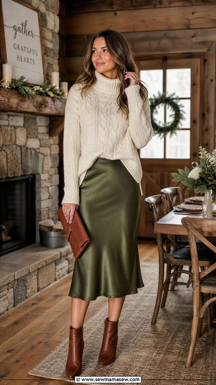 Cream Cable Knit Sweater And Midi Slip Skirt Outfit - 30 bridal shower outfit ideas for women