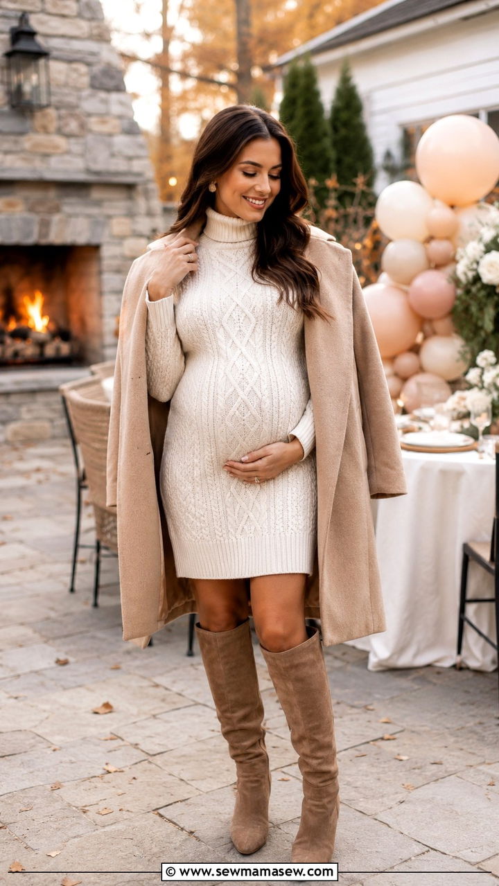 Cream Cable Knit Sweater Dress with Boots - 25 Baby shower outfit ideas hostess