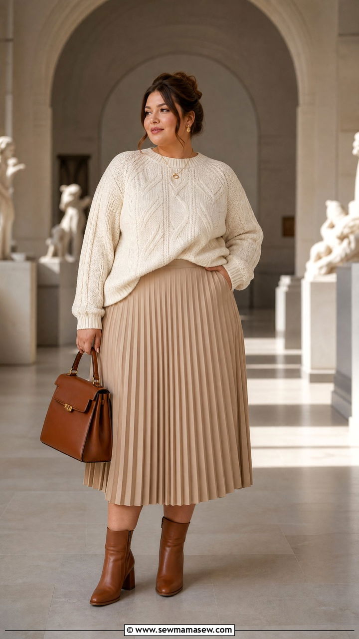 Cream Cable Knit Sweater With Beige Pleated Midi Skirt and Ankle Boots - 25 Plus size outfit ideas clean girl