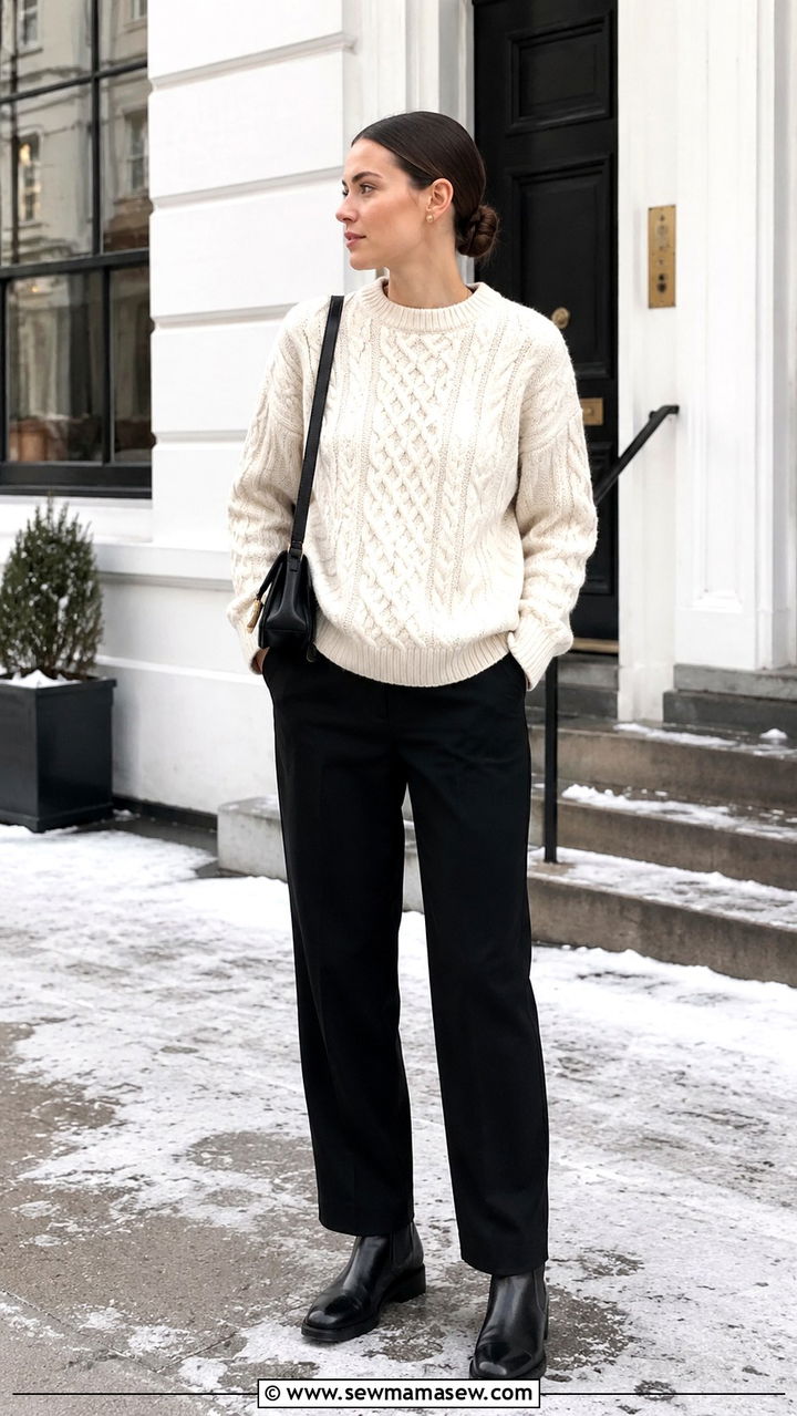 Cream Cable Knit Sweater With Black Trousers - 30 Scandi minimalist outfit ideas