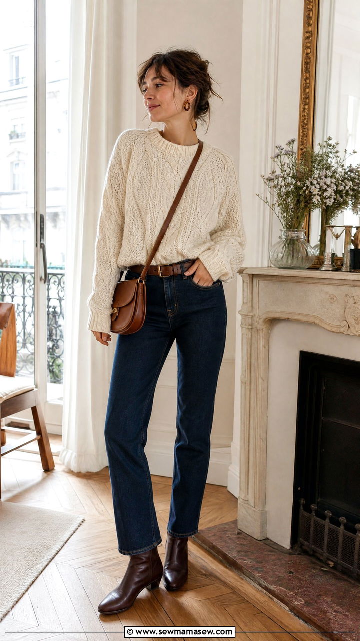 Cream Cable Knit Sweater With Dark Jeans and Ankle Boots - 25 French girl outfit ideas casual